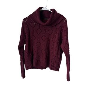 LOFT Burgundy Cowl Neck Diamond Pointelle Bobble Knit Sweater Small NWT